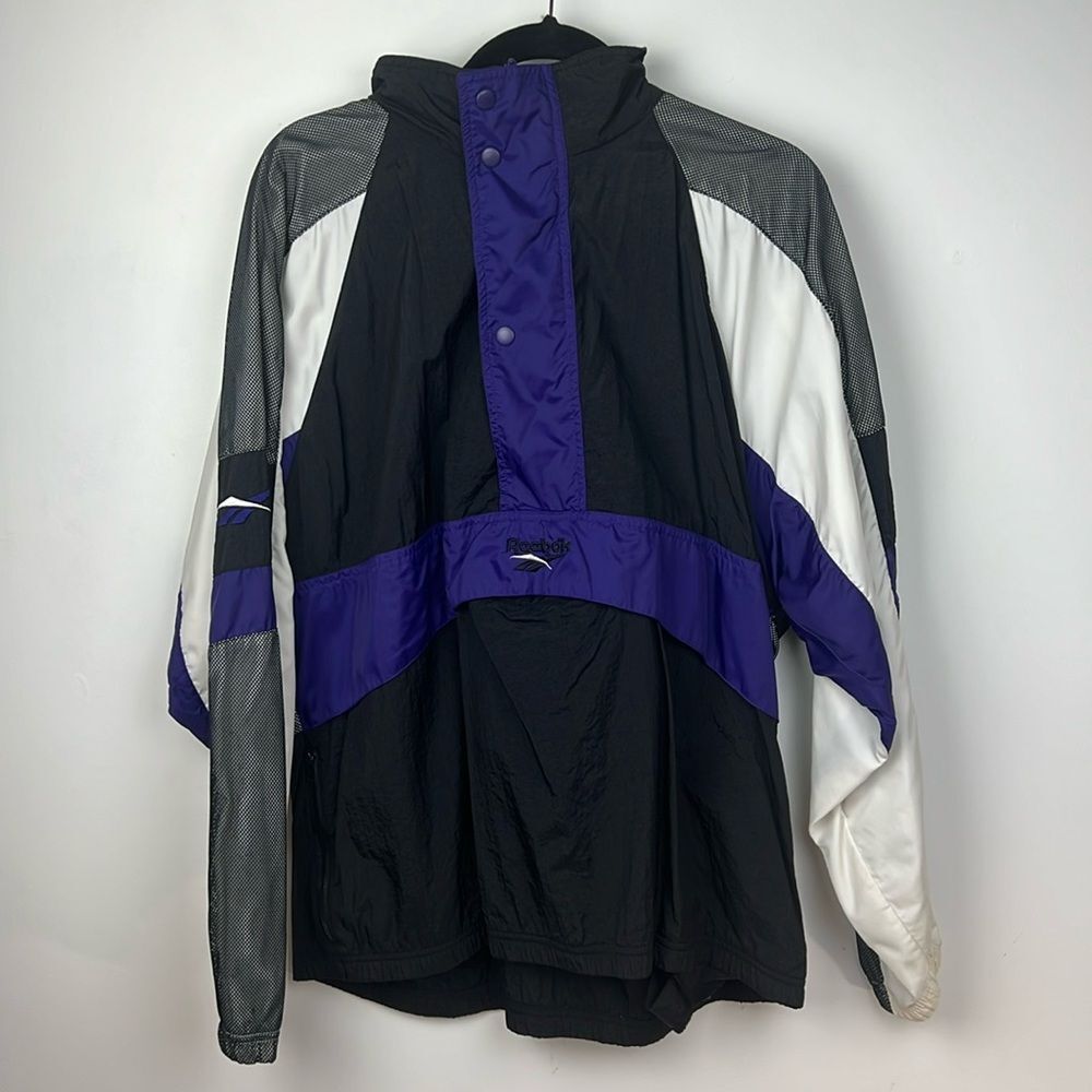 Vintage Reebok 90’s Windbreaker ColorBlock Purple Black Hidden Hood Men’s Medium